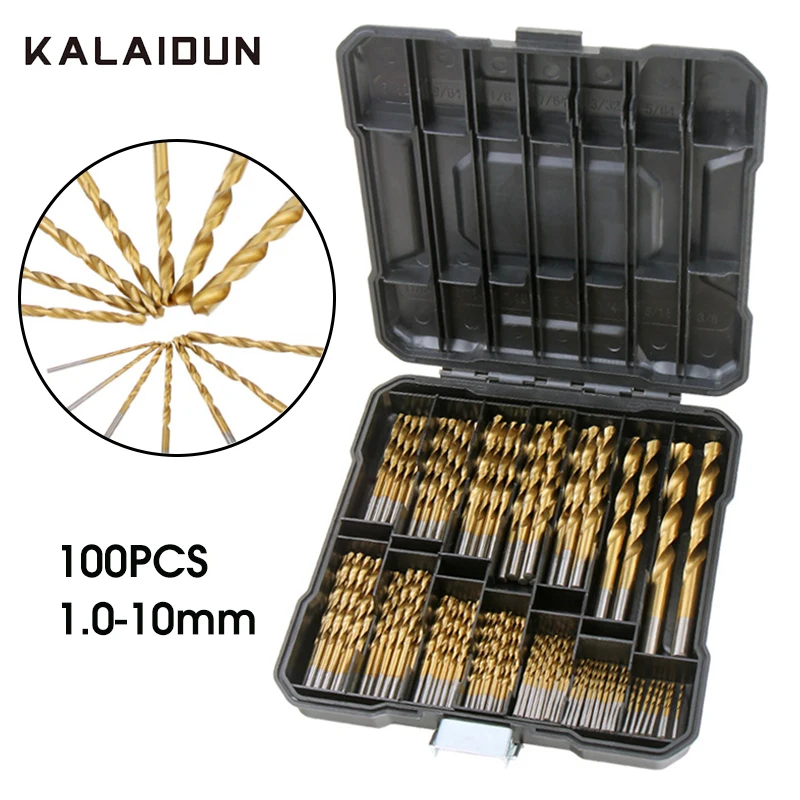 

KALAIDUN 100Pcs Twist Drill Bit Set 1.0-10mm S2 Titanium Coated High Speed Steel Drill Bits For Wood Iron Hole Cutter Power Tool