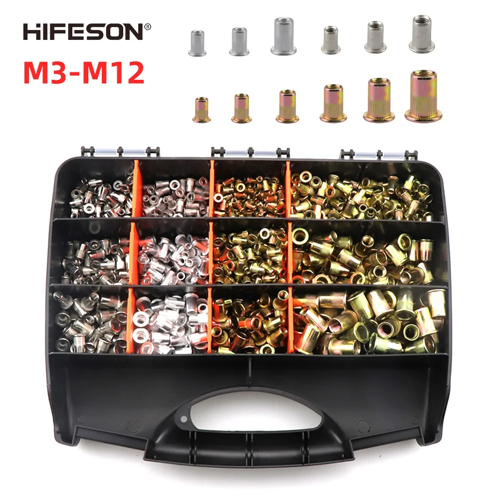 

HIFESON 900/1200/1450PCS M3-M12 Multi-specification Manual Rivet Gun Accessories Iron/Aluminum/Stainless Steel Nut Set