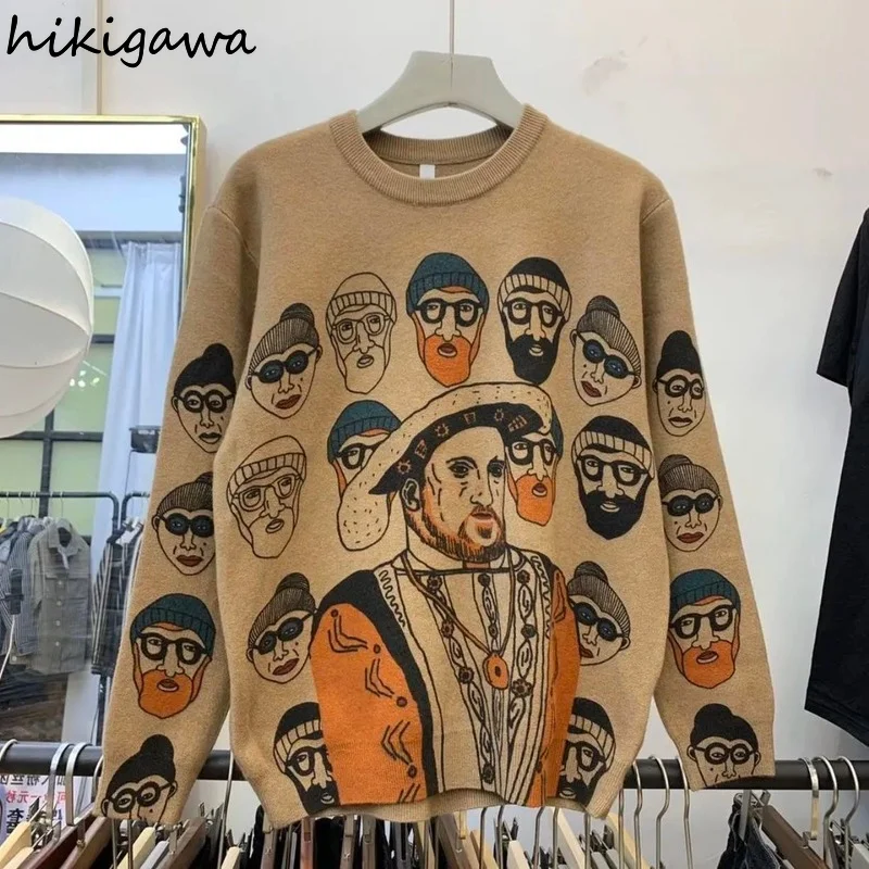 

Hikigawa Oversized Sweater Fall 2021 Women Clothing Fashion Cartton Print Knit Pullovers Tops Mujer Streetwear BF Thicked Jumper