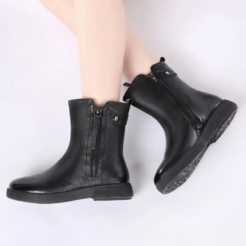 

CEYANEAO Thick Women Boots 2020 New Winter Genuine Leather Women Shoes Wool Zipper Round Toe Flat With Ankle Stitching Platform