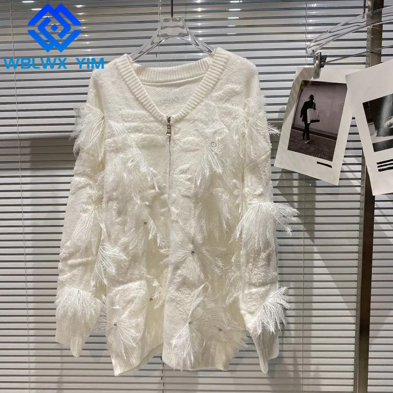 

Cardigan Women Knitted Sweater Jacket Lace Spliced Beading Fashion V-Neck Zipper Knit Coat Female Autumn New Loose Sweaters