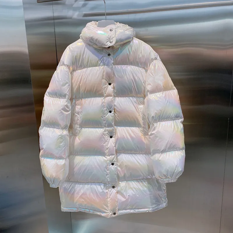 

Mid-Length Winter Jacket Women Loose Gradient Color Shiny White Down Coats Casaco Feminino Inverno Chaquetas Para Mujer Parkas