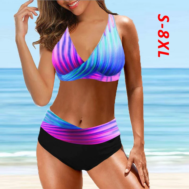 

2021 New 8XL Striped Bikini Set Push Up Women High Waist Beach Swimwear Retro Bathing Suit Swimming Suit