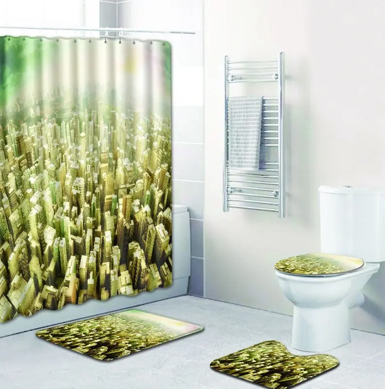 Zeegle Print Shower Curtain Bath Mat Set Pedestal Rug Lid Toilet Cover Bathroom with Hooks Polyester Carpet | Дом и сад