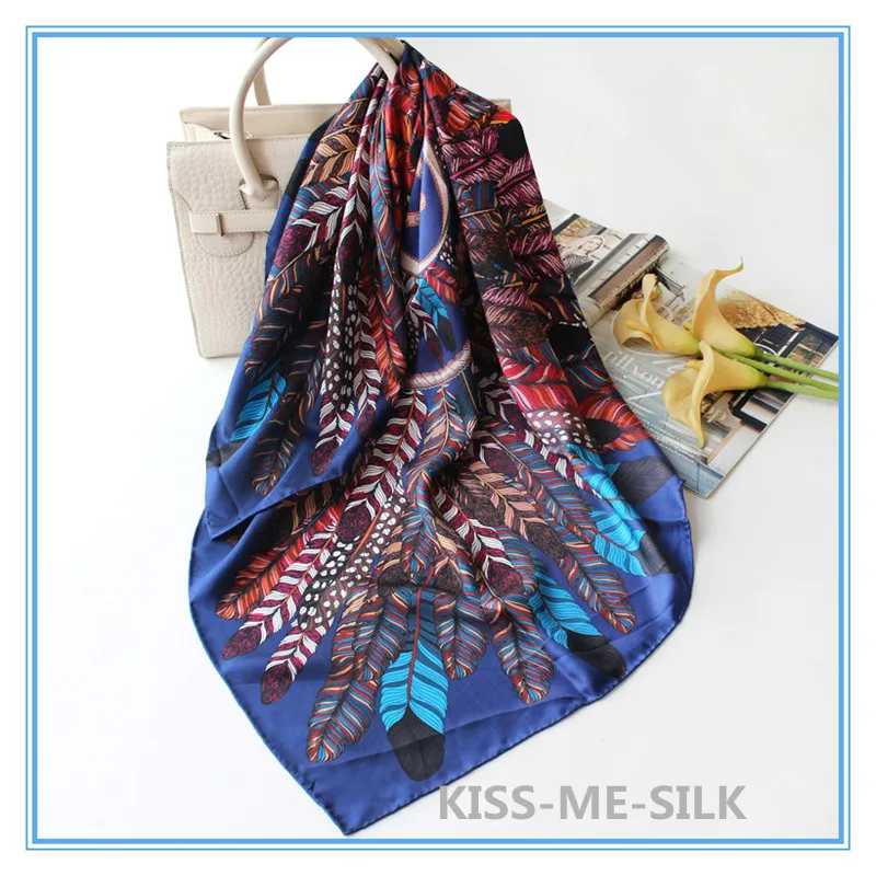 

KMS Tribal Feather Shade Shawl Twill Silk Scarf Silk Scarf Shawl for Girl Lady Woman 90*90CM/50G