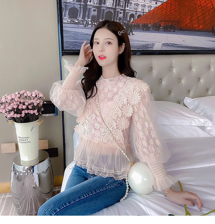 

Hollow Out Lace Mesh Floral Sweet Style Women Blouses Korean Clothes Ulzzang Shirts Fashion Brand Tops New Blusas Mujer De Moda