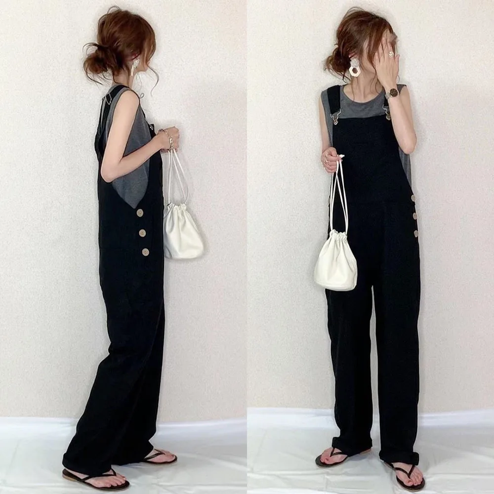 Cross-border ladies' spring 2021 new Japanese pure color leisure conjoined suspenders trousers