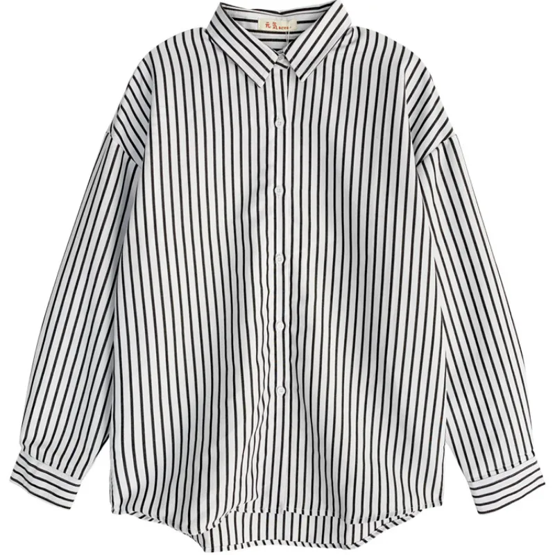

Shirts Women Spring New White Striped Full Shirt Retro Loose Ulzzang Top Womens All-match Fashion Student Daily Casual Female BF