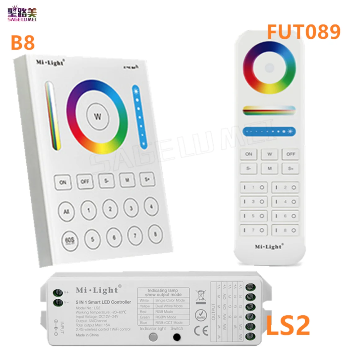 

Mi Light 2.4G Wireless 8 Zone RF Dimmer FUT089 Remote B8 Touch Panel Wall-mounted RGBWW LS2 5 in 1 Led Controller for RGB+CCT