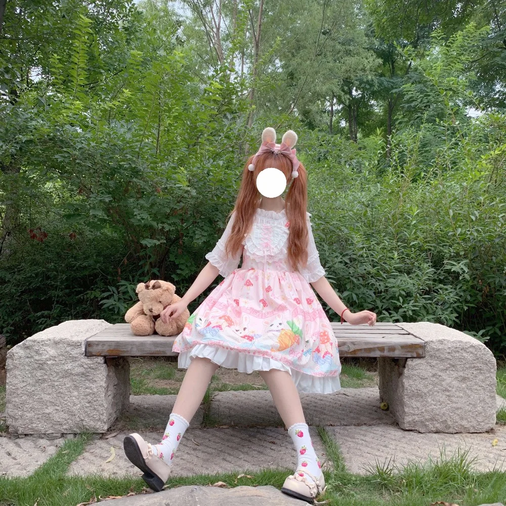 Kawaii японский Лолита девушка Лолита гриб кролик кружева милое платье без рукавов