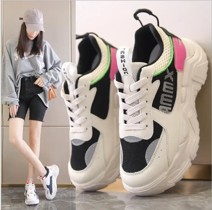 

Casual Spring Autumn Sports Shoes Women Chunky Sneakers Retro Breathable Vulcanized Flat Shoes Female Platform Shoes