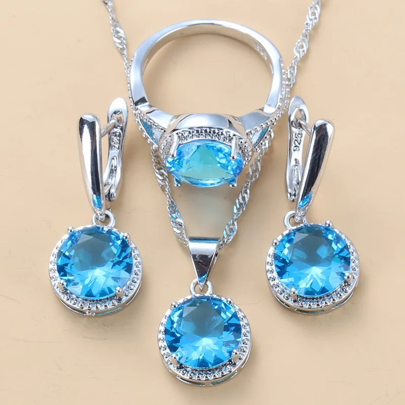 Низкая цена продажи круглый 925 пробы серебро зеленый камень циркониевые Ювелирные наборы для Для женщин Длинные Висячие серьги и Цепочки и ожерелья Кольцо Ювелирные наборы 10-Цвет ювелирные изделия - Окраска металла: Sky Blue 3PCS