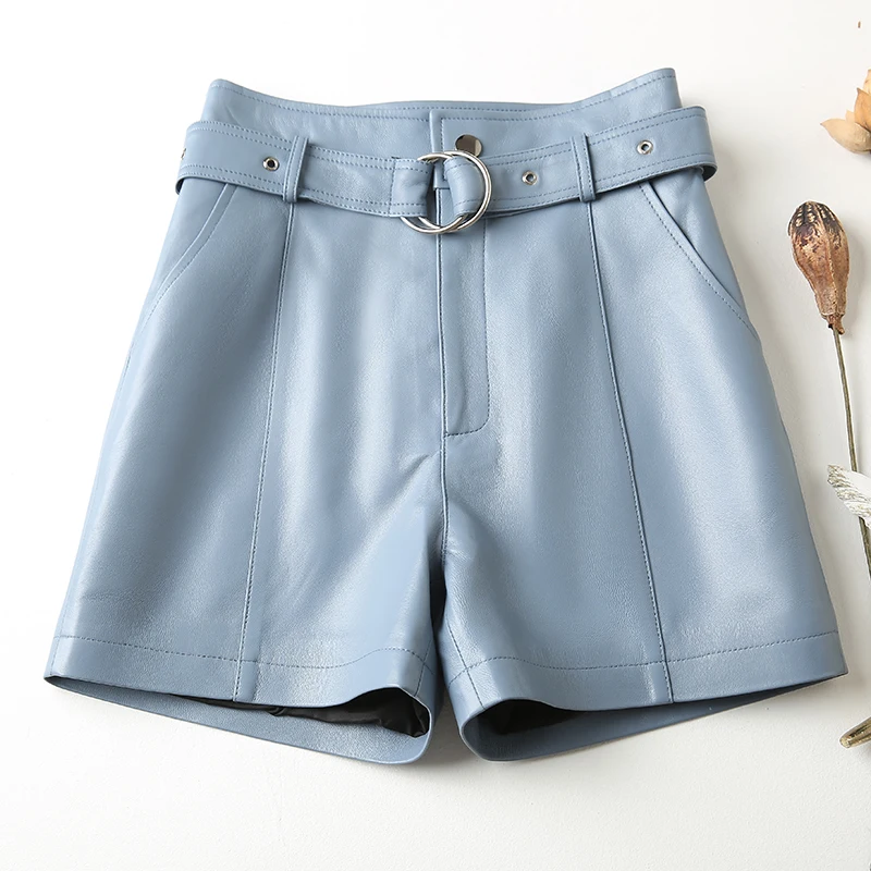 Genuine Leather Shorts Womens New High Waist Straight Sheepskin Shorts Pockets Sashes High Quality Korean Style Fashion Shorts