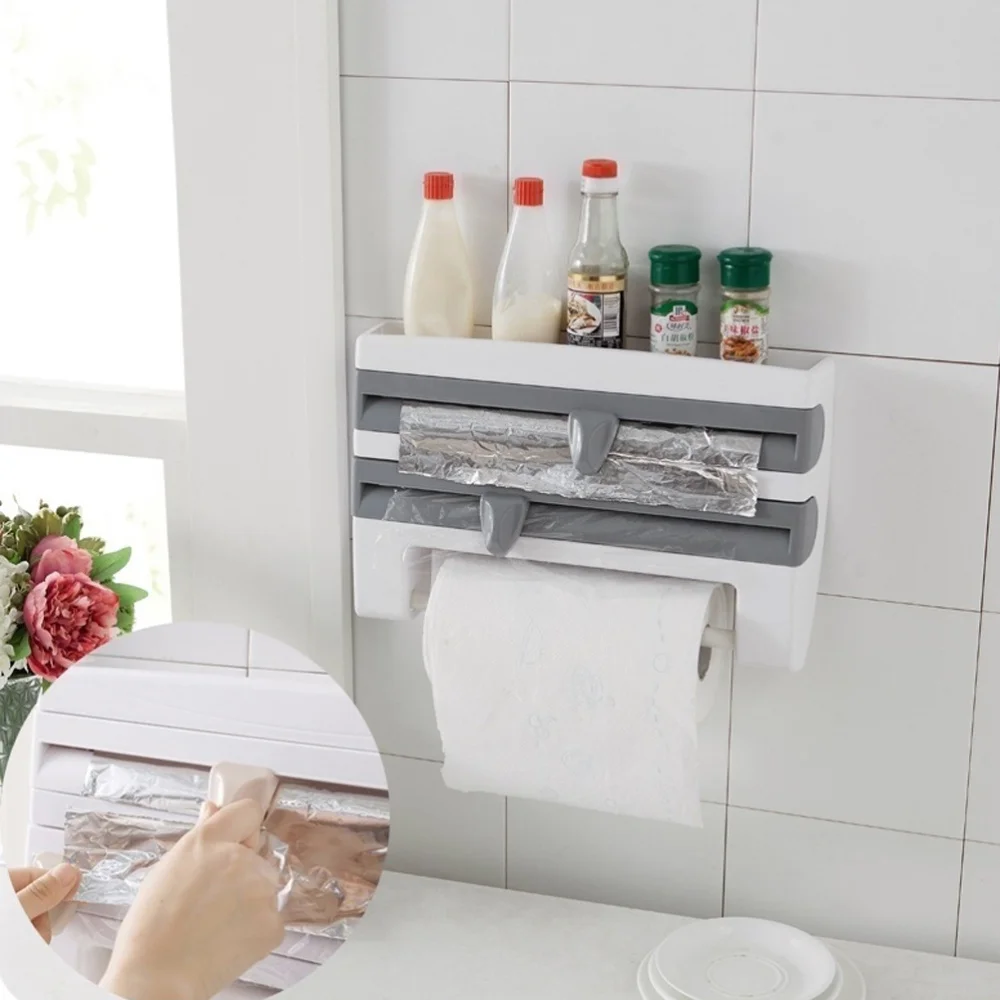 

Multifunctional Home Kitchen Film Sauce Bottle Storage Rack Paper Dispenser Preservative Film Rack Kitchen Accessory (White)