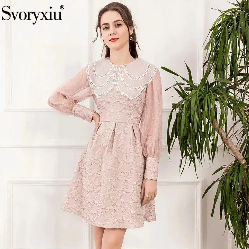 

Svoryxiu 2021 New Spring Summer Runway Elegant Dress Women's Lace Long Sleeve Patchwork Jacquard Fashion Short Dresses