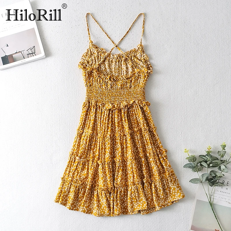 

HiloRill Beach Style Floral Print Mini Dress Women Summer Spaghetti Strap Ruffles Boho Dress Sleeveless A Line Holiday Sundress
