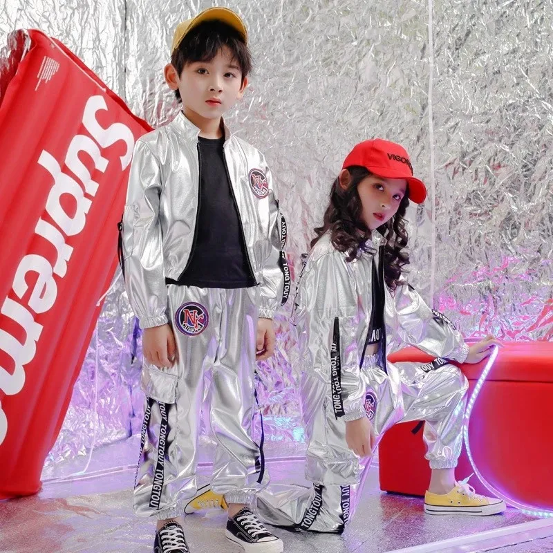 

New Children Hip Hop Jazz Dance Costumes PU Silver Color Long Sleeve Jacket Coat Trousers Suit Street Dance Drum Stage Costumes