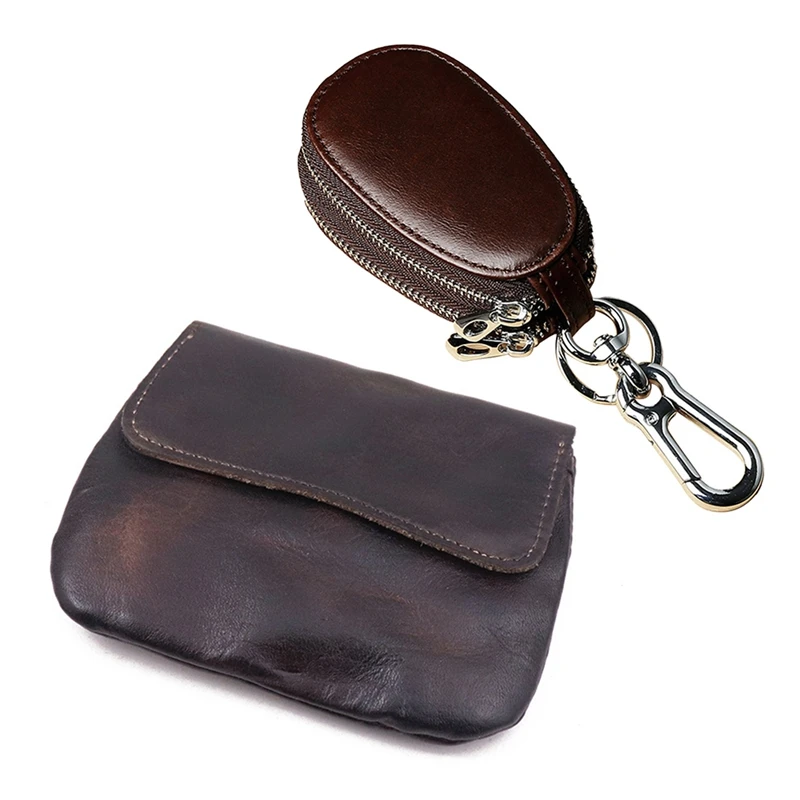 

2PCS Coin Purse,Retro Mini Leather Cards Holder With Key Case Men's PU Leather Double Zipper Multi-Function Car Key Case