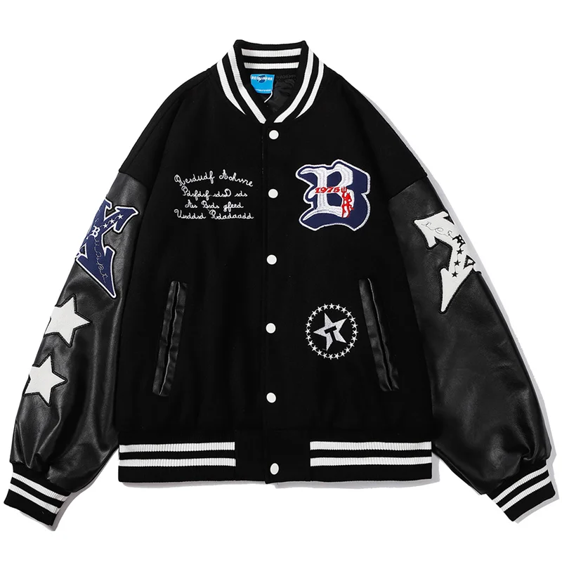 

Бейсбольная куртка с вышивкой надписи B, однобортная байкерская куртка в стиле Харадзюку, куртка-бомбер в стиле хип-хоп с кожаным рукавом, 2021