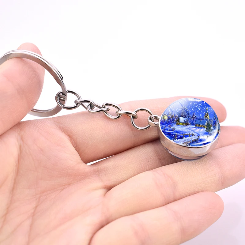 snow house keychain double sides christmas tree glass ball key chain car keyring christmas gift free global shipping