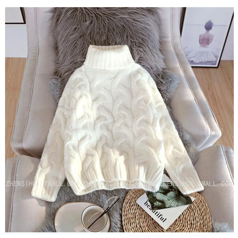 

Women Turtleneck Sweaters Autumn Winter 2020 Pull Jumpers European Casual Twist Warm Sweaters Female oversized sweater Pull