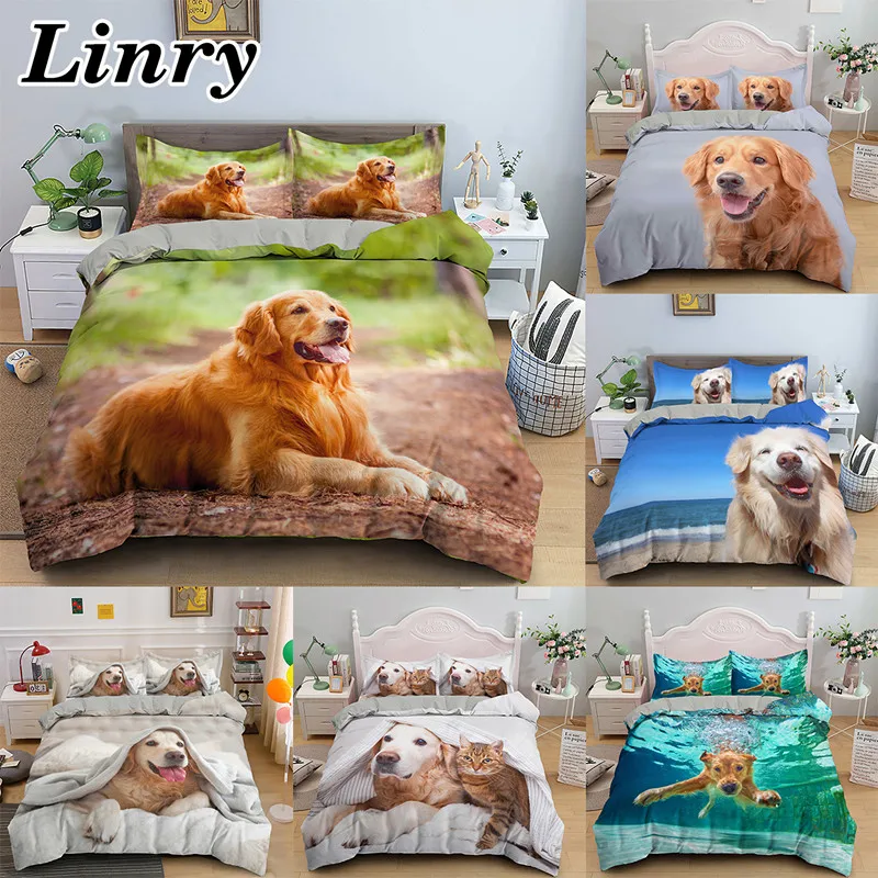 

Golden Retriever 3D Bedding Set Dog Printed Quilt Cover And Pillowcase Pet Duvet Cover Set 2/3pcs Single Queen King Size Bedding