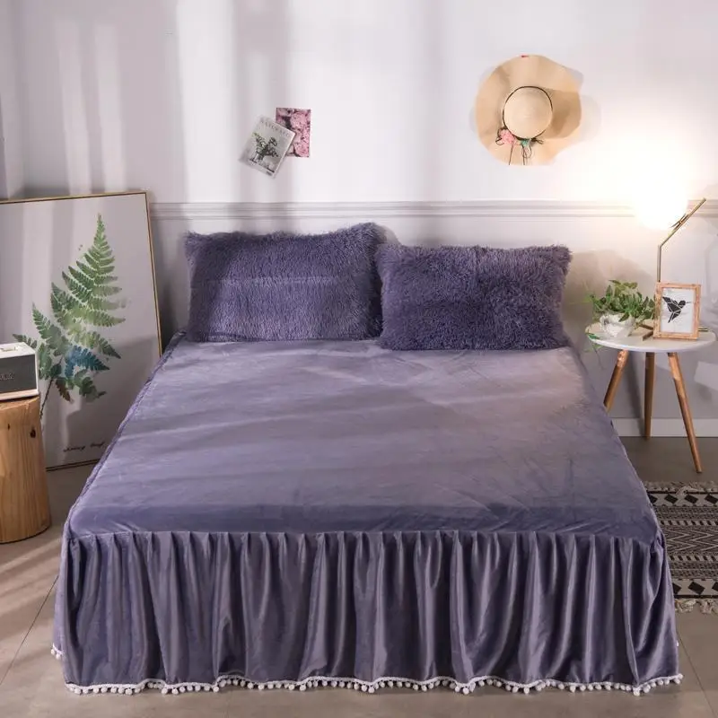 

J1 Purple Wine Red Pink Blue White Yellow Plush Shaggy Warm Thick Bedding Set Mink Velvet Duvet Cover Bed Skirt Pillowcases