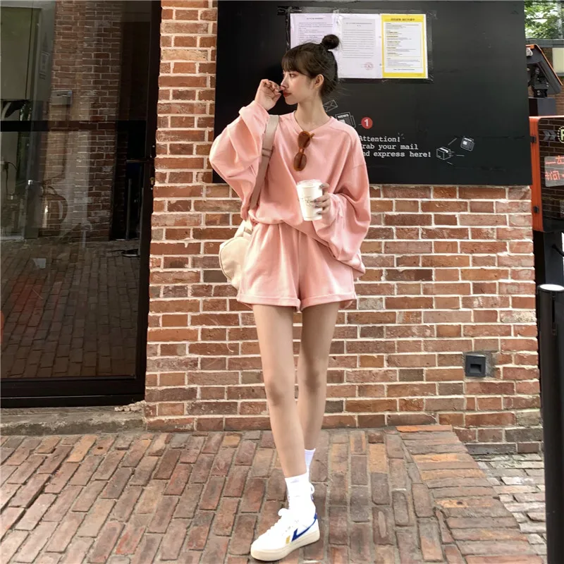 

Autumn Tracksuits Women Korean Two Pieces Set Leisure Cotton Oversize Blouse High Waist Candy Pink Color Sets Female Clothing
