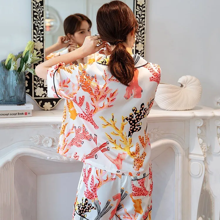 

2021 Summer Pajamas Short Sleeve Shorts 2PCS Sleep Suit Women's Casual Print Nightwear Ice Silk Sleepwear Loose Home Clothes