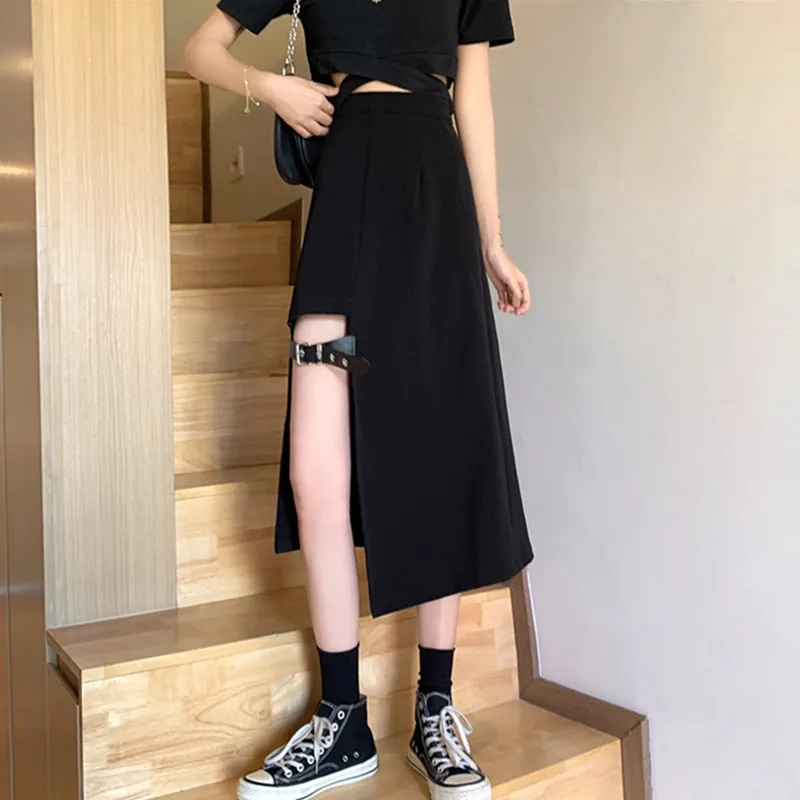 

Loose Female Long Skirt Bandage Half-length Skirt Spring Autumn New Punk Gothic Harajuku Black Skirt Fashion