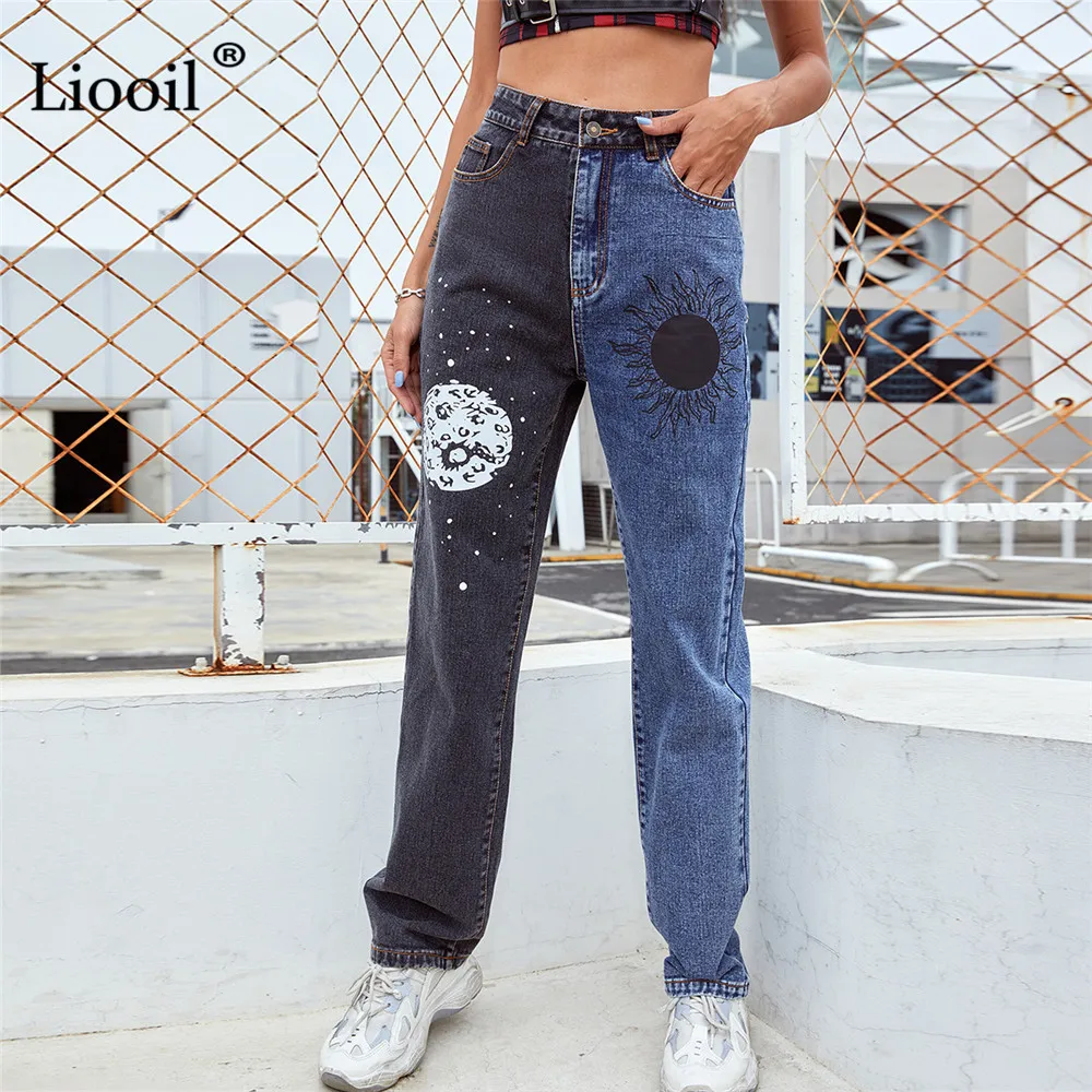 

Джинсы-бойфренды в стиле пэчворк с завышенной талией и принтом, мешковатые прямые джинсы для женщин, уличная одежда, джинсовые брюки с цветн...
