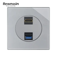 rewnssin 86mm86mm wall mounted data socket silver tempered glass weak current hdmi usb outlet for data transfer hd tv computer
