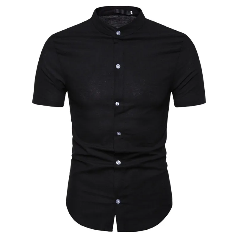 

Solid Color Cotton Linen Shirt Men 2020 Brand Summer Short Sleeve Mandarin Collar Shirts Mens Business Casual Social Shirt Male