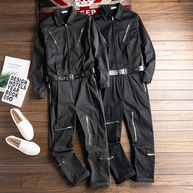 

Men's Loose Bib Overalls Hip Hop Jumpsuits with Belt Jacket Belt Male Workwear Bib Coveralls Suspender Pants Multi Pockets R3435