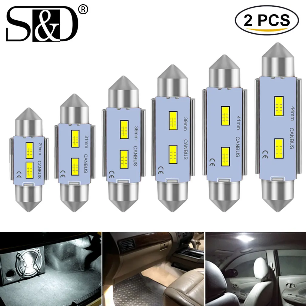 

2pcs Canbus C5W C10W Led Bulb CSP Festoon 29mm 31mm 36mm 39mm 41mm 44mm Car Interior Light Dome Reading Lamp 12V 6000K White