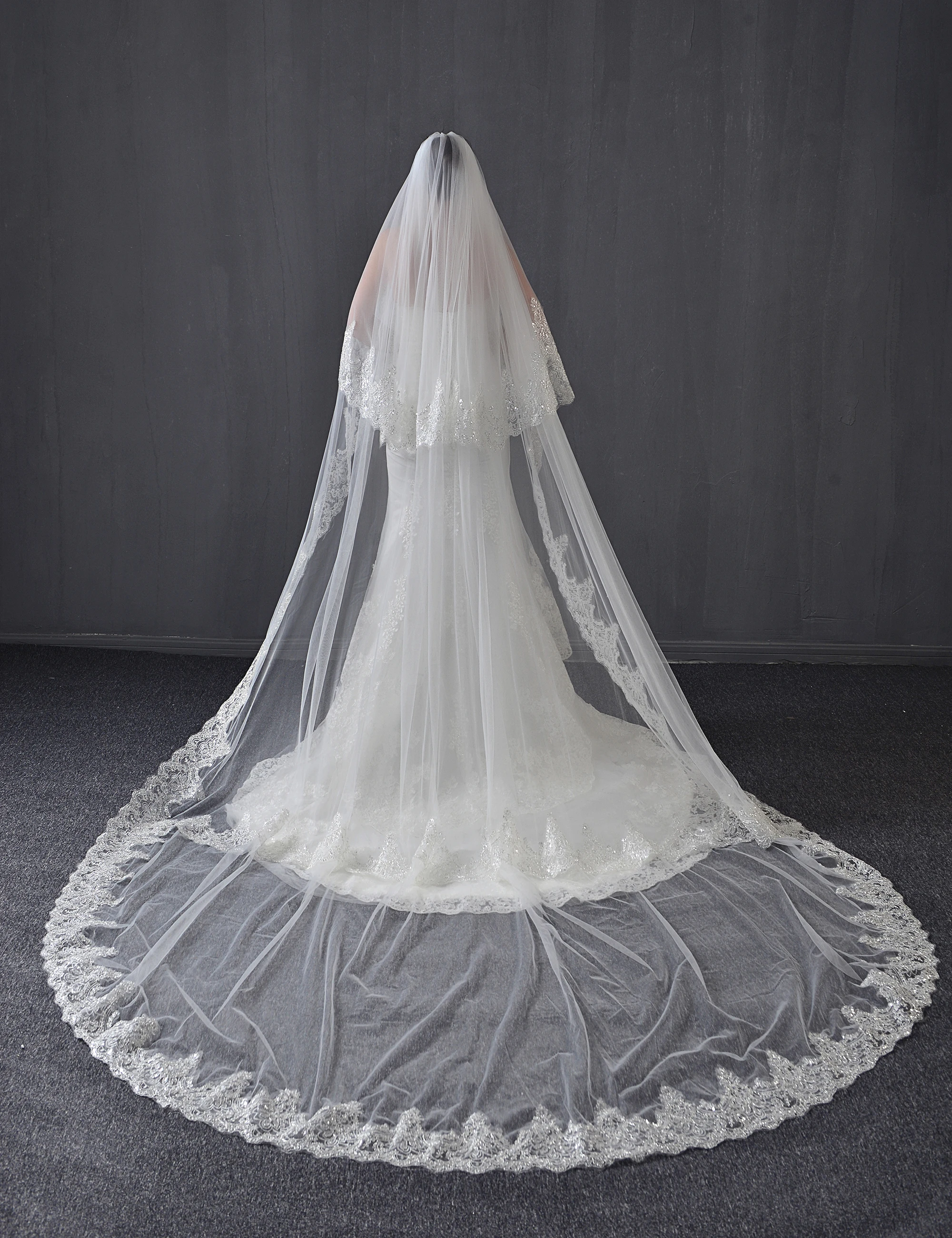 5 м два яруса блесток кружева Соборная свадебная фата белая слоновая кость