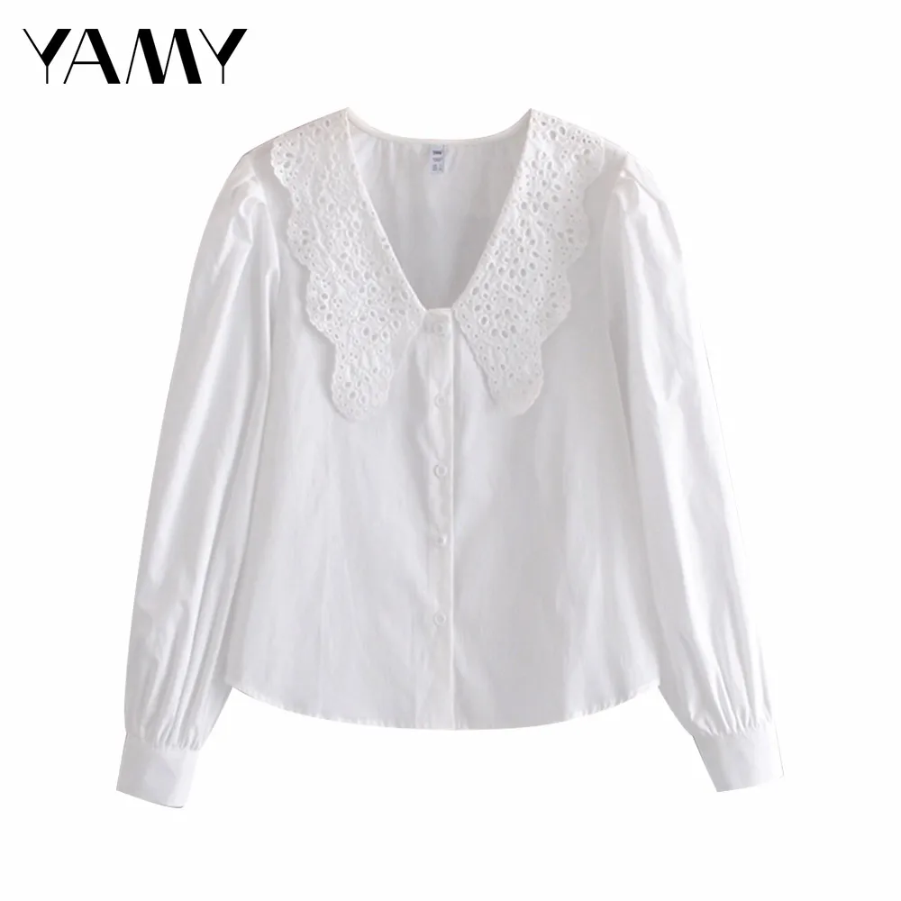 

Блузка женская с длинным рукавом, французская рубашка в стиле ретро, с вышивкой, воротник «Питер Пэн», с буффами на рукавах, белый элегантный...