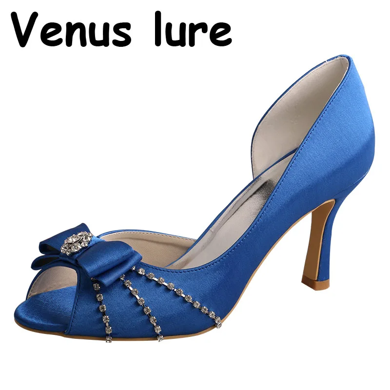 

(23 Colors) Royal Blue High Heel Shoes Open Toe Evening Bow Pumps Size 9