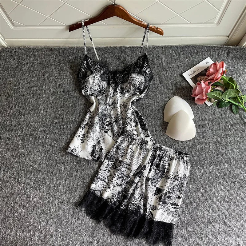 

Print Flower Strap Top&Pants Women Sleepwear Satin Pyjamas Nightwear Home Clothes Soft Pajamas Set Nightgown Intimate Lingerie