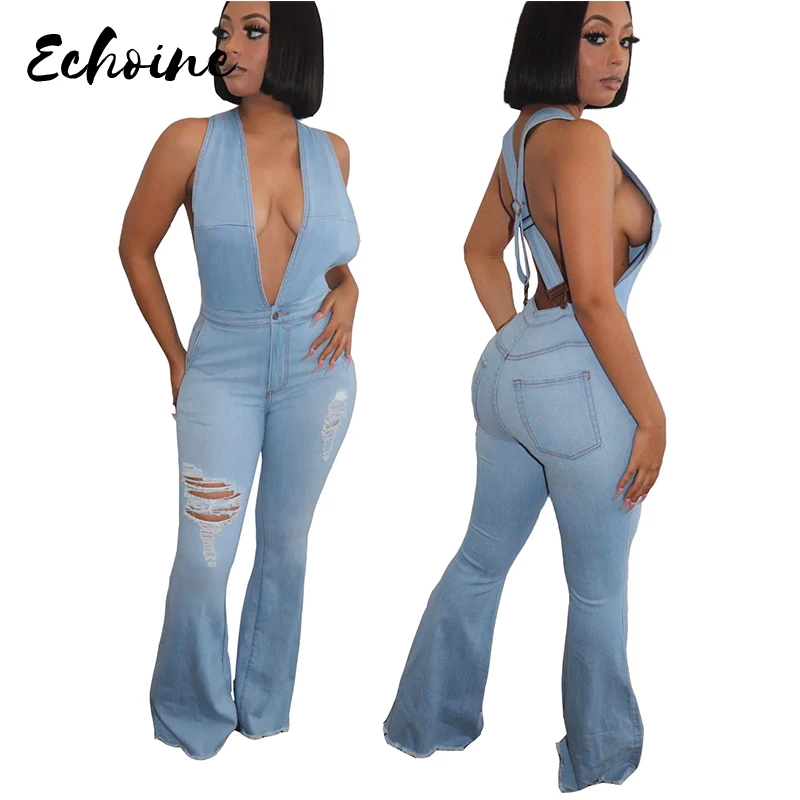 

2020 Ins Internet Celebrity Famous Denim Jumpsuits Solid V-Neck Strapless Flare Wide Leg Summer Casual Bodycon Rompers Plus Size