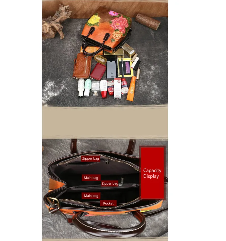 

Volasss Retro Women Bucket Bag Handbag For Female Chinese Style Handmade Embossed Leather Women's Shoulder Bag Floral Tote Bags