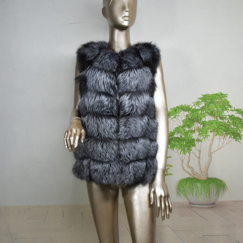 Winter Keep Warm Women Real Fox Fur Vest Casual Lady Genuine Silver Coat Sleeveless Drano  70 90 CM Clothing Free Shipping