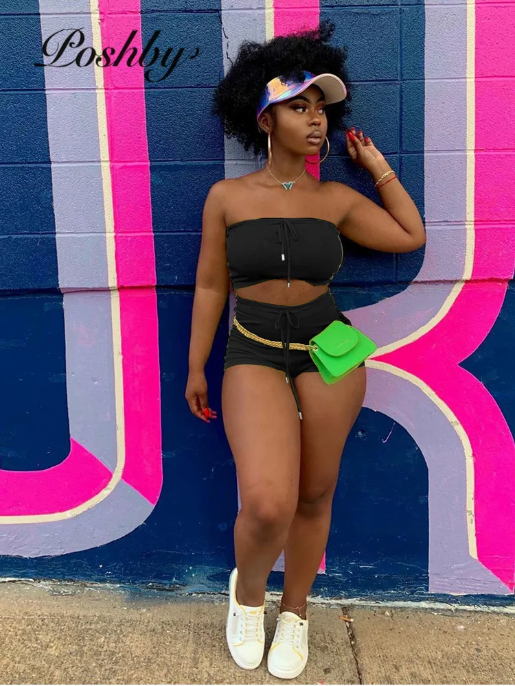 

Poshby Summer Sport Sets Casual High Elasticity Bandage Strapless Top +Skinny Shorts 2 Pcs Set Beach Suit Club Outfits for Women