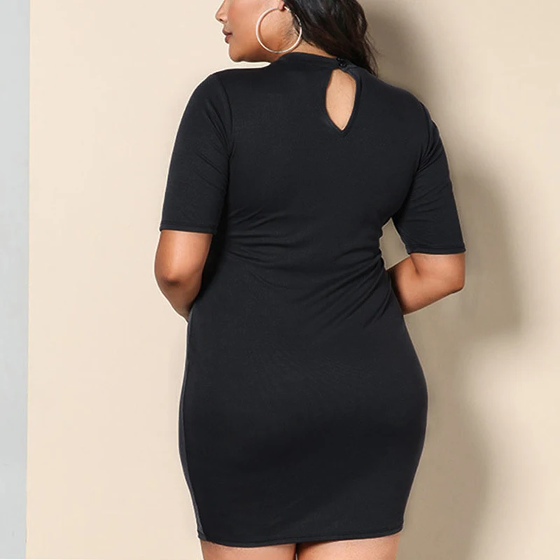 Plus Size Woman Black Mini Dress Sexy Party Clothes Night Club Vestido O-neck Hollow Out Clothing Big Bodycon Dresses | Женская одежда