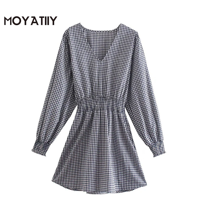 

MOYATIIY Women 2022 Fashion Plaid Cross Mini Dress Elegant Elasstic Waist Ladies Dresses V-Neck Female Vestidos