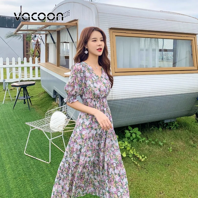 Женское летнее платье миди с цветочным принтом и рукавами фонариками|Женские