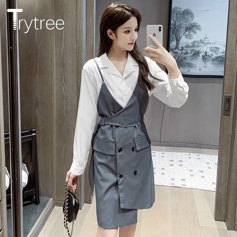 

Осенний женский однотонный комплект из двух предметов Trytree 2020, повседневный Женский комплект из двух предметов с поясом и асимметричным под...