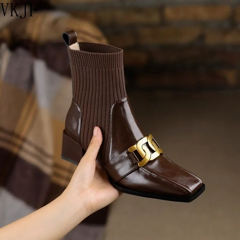 

2021 New Short Socks Boots Women's Square Head Thick Heel Flying Knit Fashion Naked Boots Knitted Wool Pure Color Boots