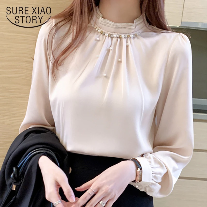 

Fall Long Sleeve Blouse Women Blusas Mujer De Moda 2021 Beading Stand Collar Chiffon Blouse Shirt Top Women Clothes Blusa 16229