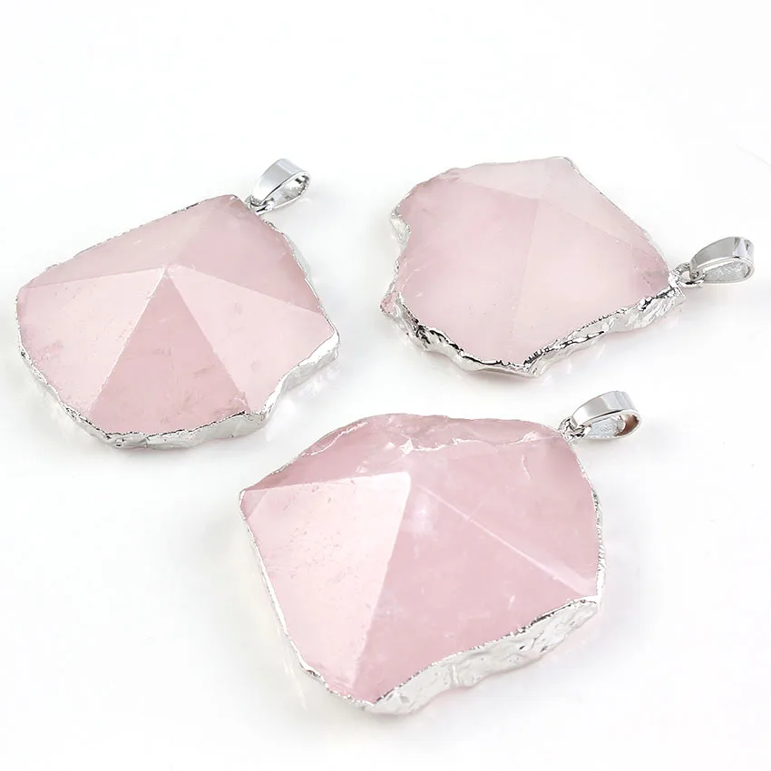 

Trendy-beads Silver Plated Irregular Shape Original Rose Pink Quartz Section Pendant For Christmas Gift